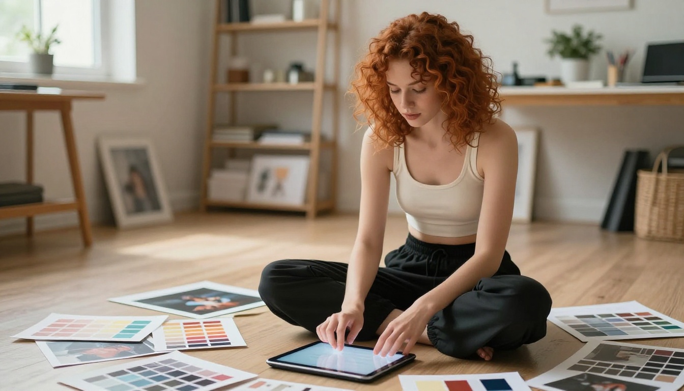 Young woman exploring creative references on a studio floor