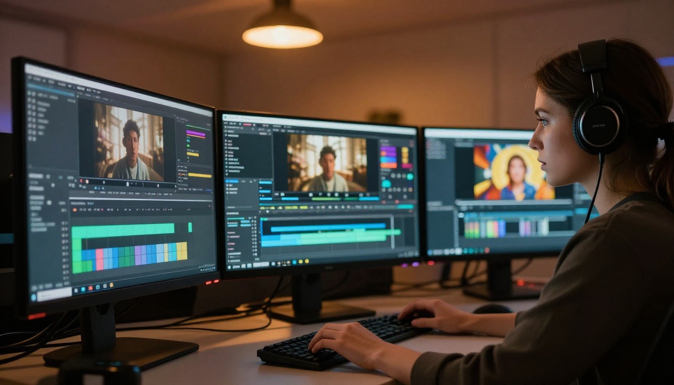 Professional video editor working at a high-end suite with AI assistance panels on multiple monitors