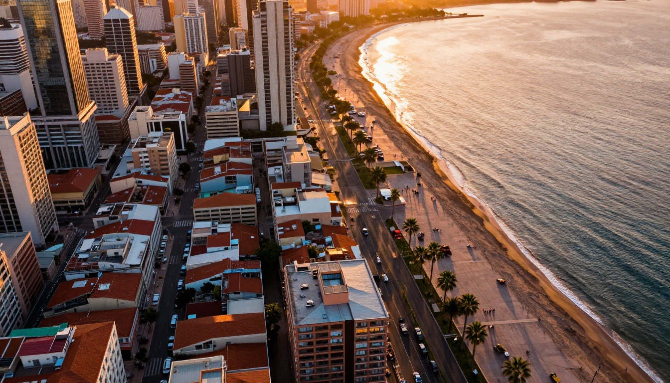 Aerial view of coastal city at golden hour with ocean reflections
