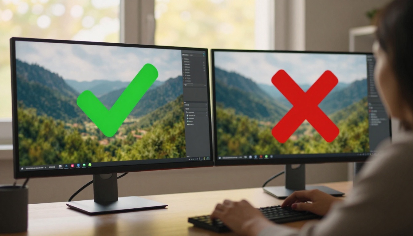 Two monitor screens side by side showing approved and rejected content on a modern desk