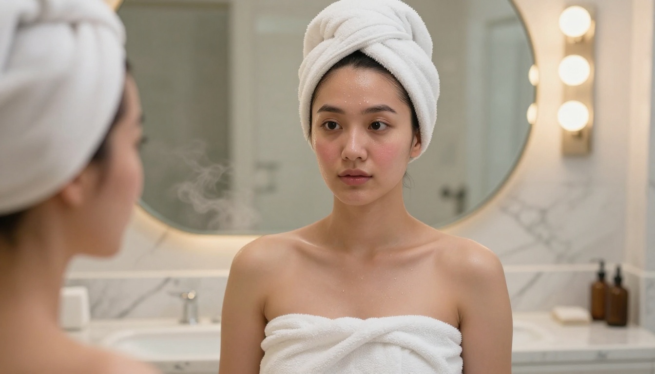Young woman with porcelain skin in white spa towel standing in front of vanity mirror in luxury marble bathroom