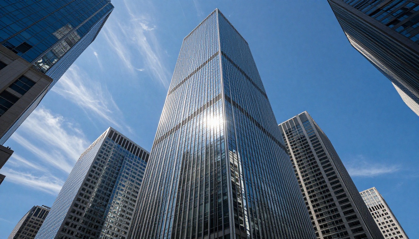 Low angle perspective looking up at glass skyscrapers