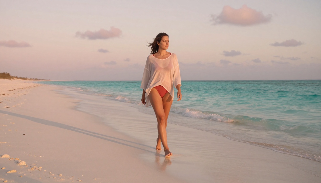 Woman walking along the beach at sunrise in coral swimwear