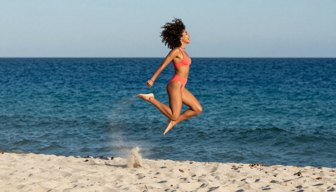 Woman with dark curly hair in coral swimsuit leaping from white sand beach dune over the Aegean sea, freeze-frame motion
