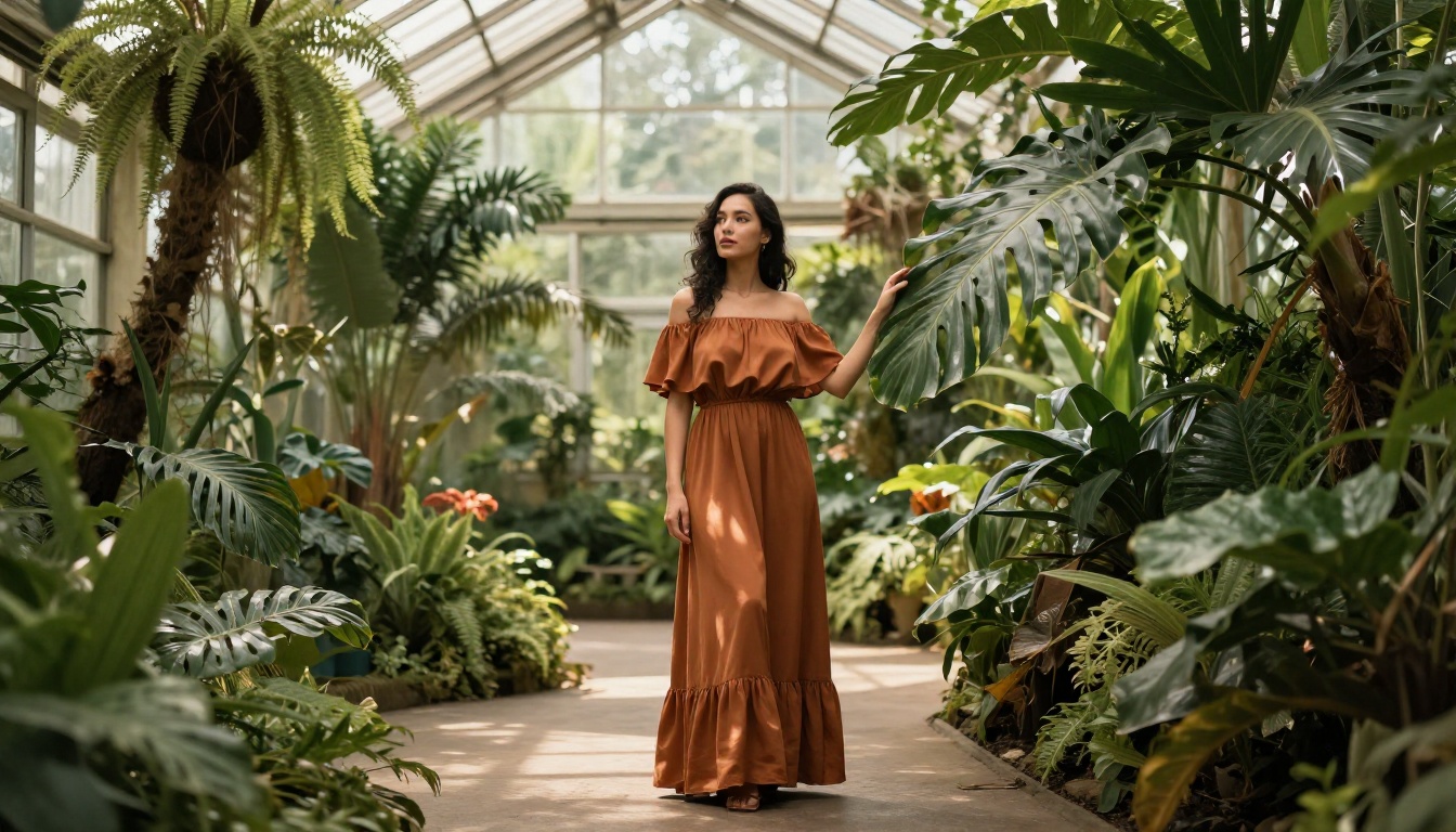Woman in botanical greenhouse surrounded by lush tropical plants