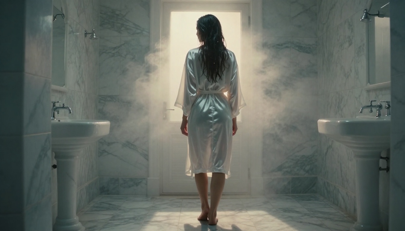 Woman in silk robe cinematic doorway shot