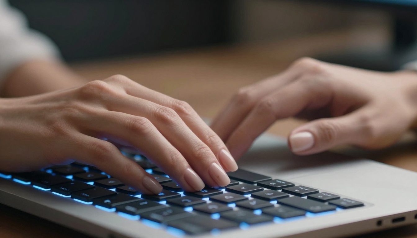Feminine hands typing on a keyboard with soft monitor glow