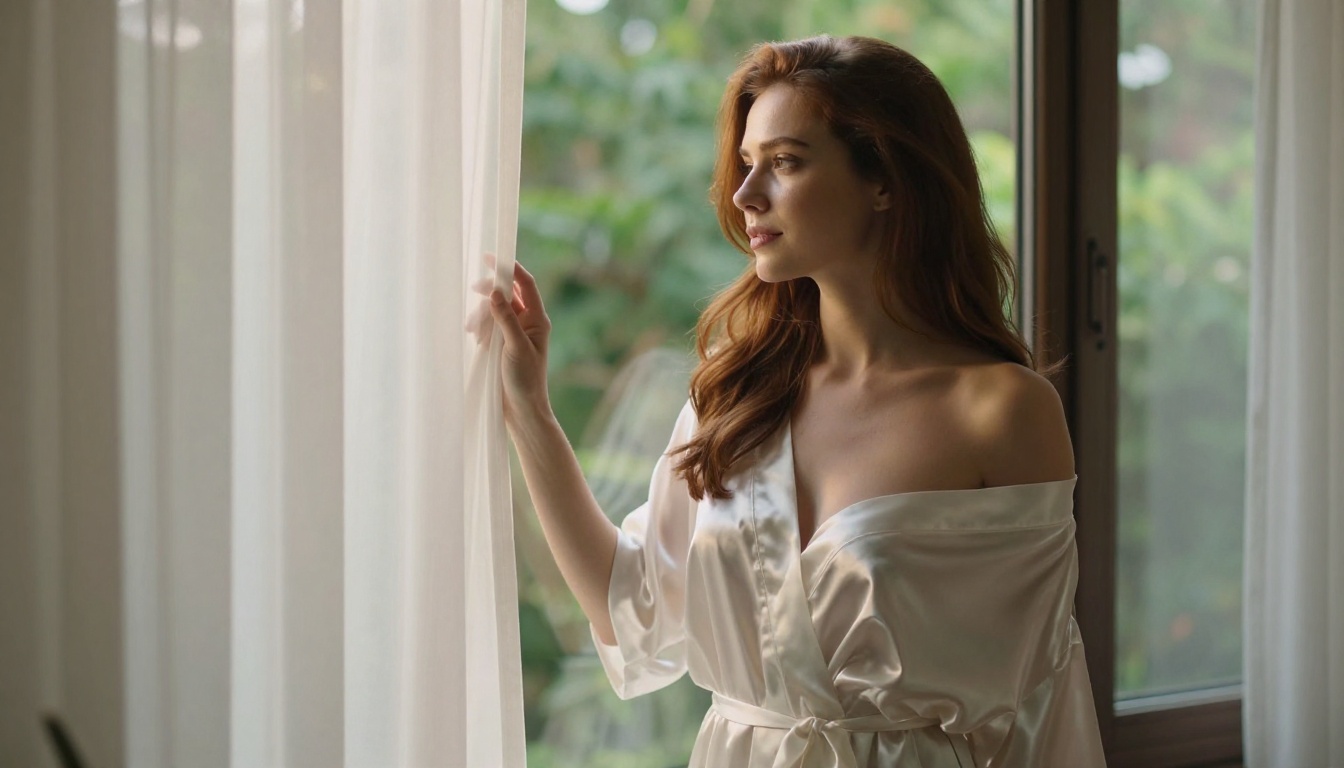 Beautiful woman in satin robe standing by a morning window