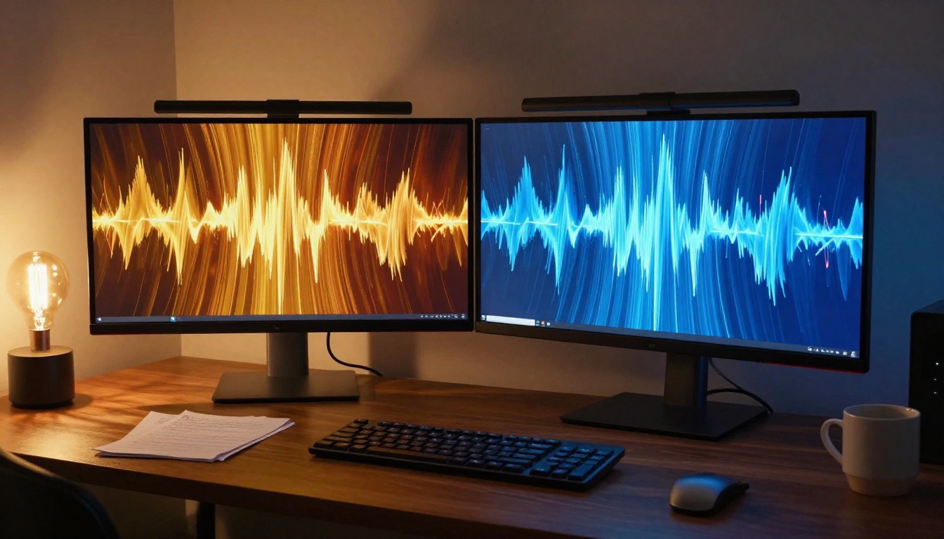 Modern dual-monitor workstation with colorful AI waveforms on screens