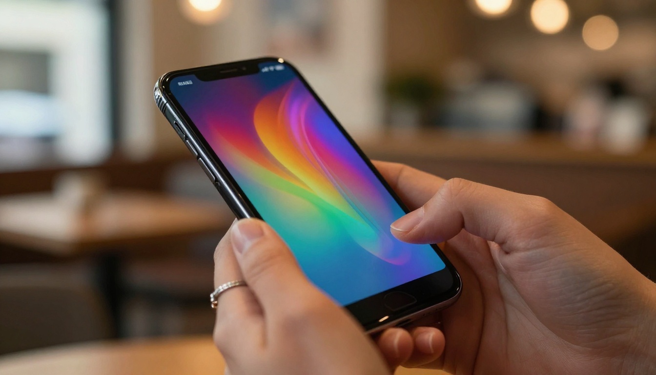 Woman holding smartphone showing colorful video playback
