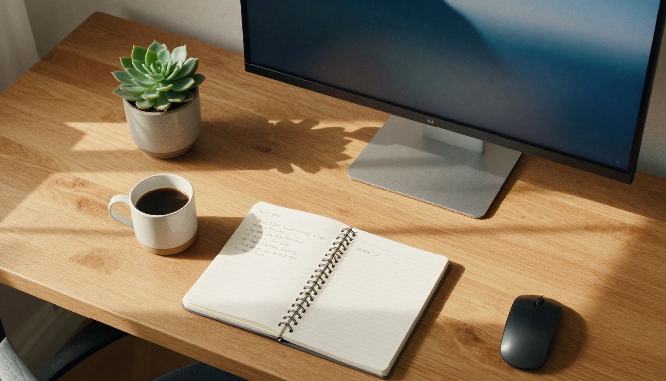 Overhead view of a clean home office workspace with morning light