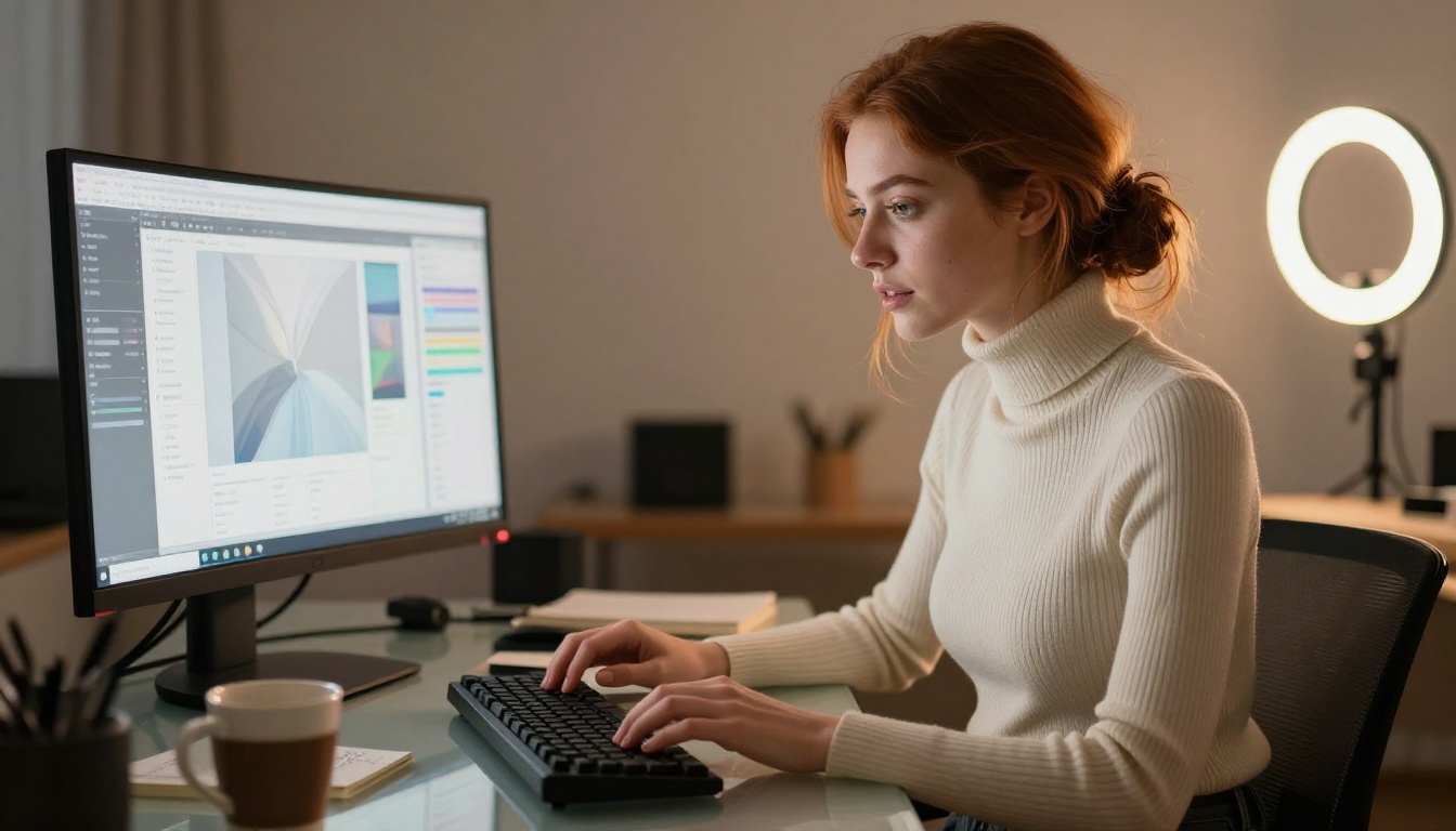 Woman exploring AI tools on her computer in a warmly lit home studio