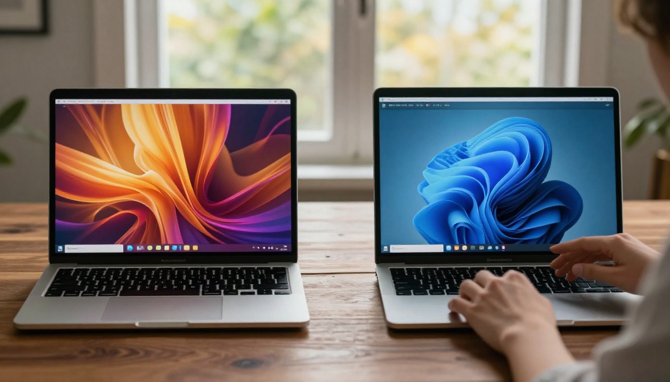 Two laptops side by side on a walnut desk with AI generation interfaces