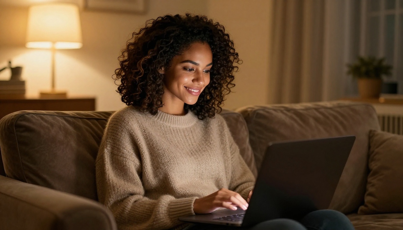 Woman with natural curly hair smiling at glowing laptop on a cozy velvet couch