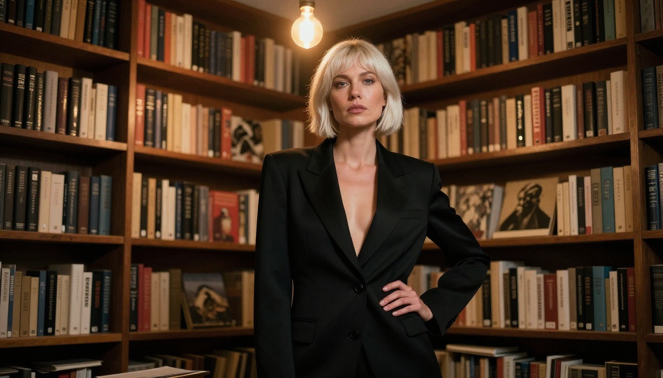 Woman in editorial fashion shoot, structured black blazer, library backdrop