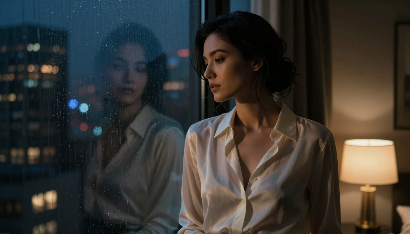 Elegant woman by a rain-streaked window at night, cinematic low-key lighting, intimate atmosphere