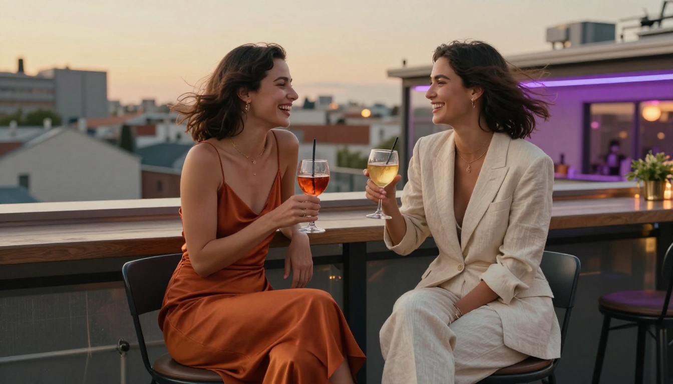 Two friends laughing on a rooftop terrace bar at golden hour, European city skyline