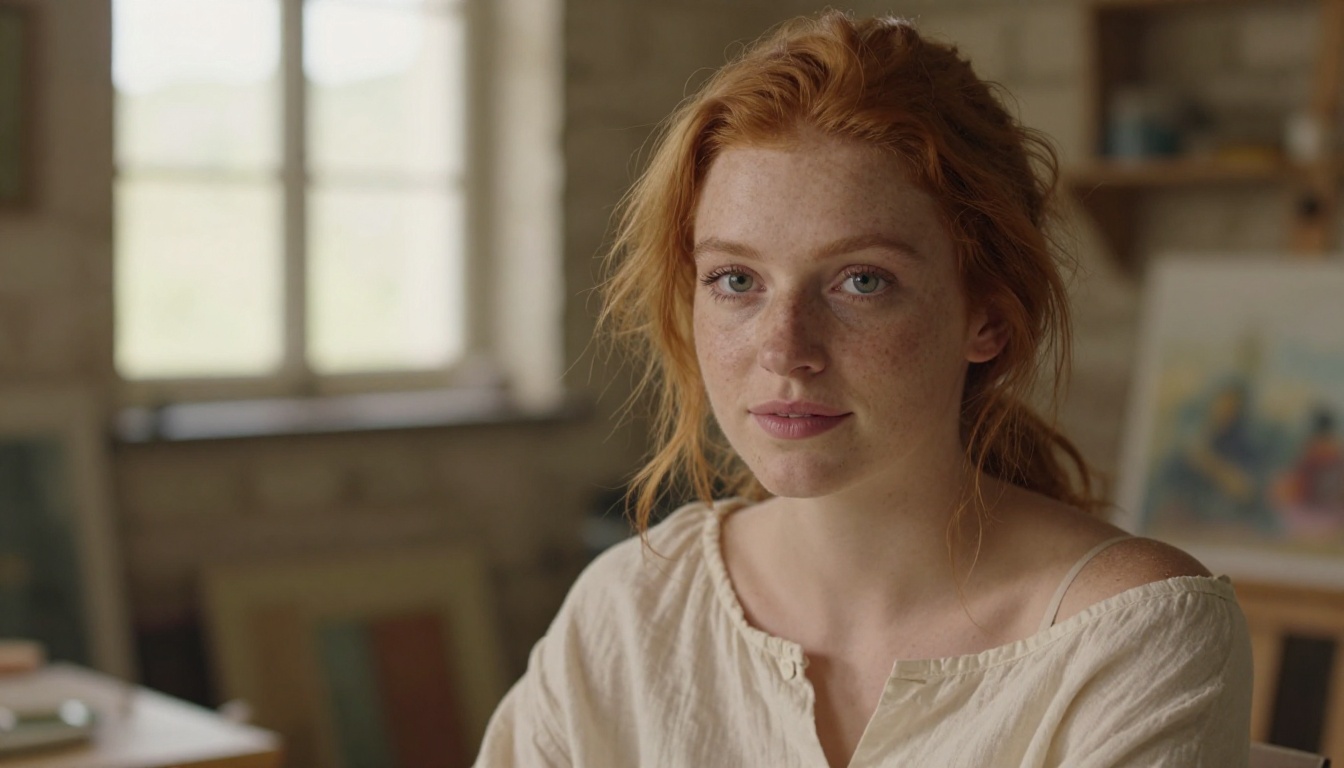 Close-up portrait of redhead woman in rustic studio, natural freckles, warm window light, off-shoulder blouse