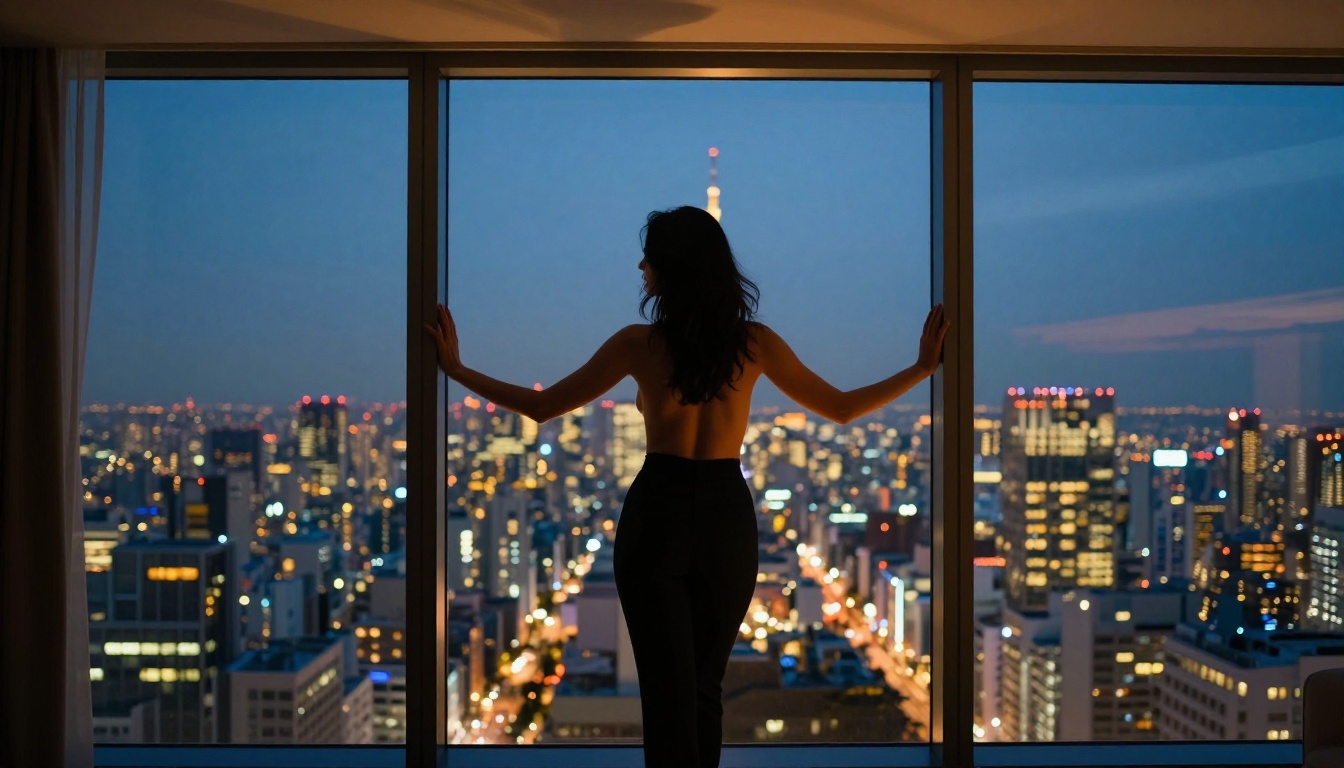 Dramatic silhouette of a woman against panoramic Tokyo city window at blue hour