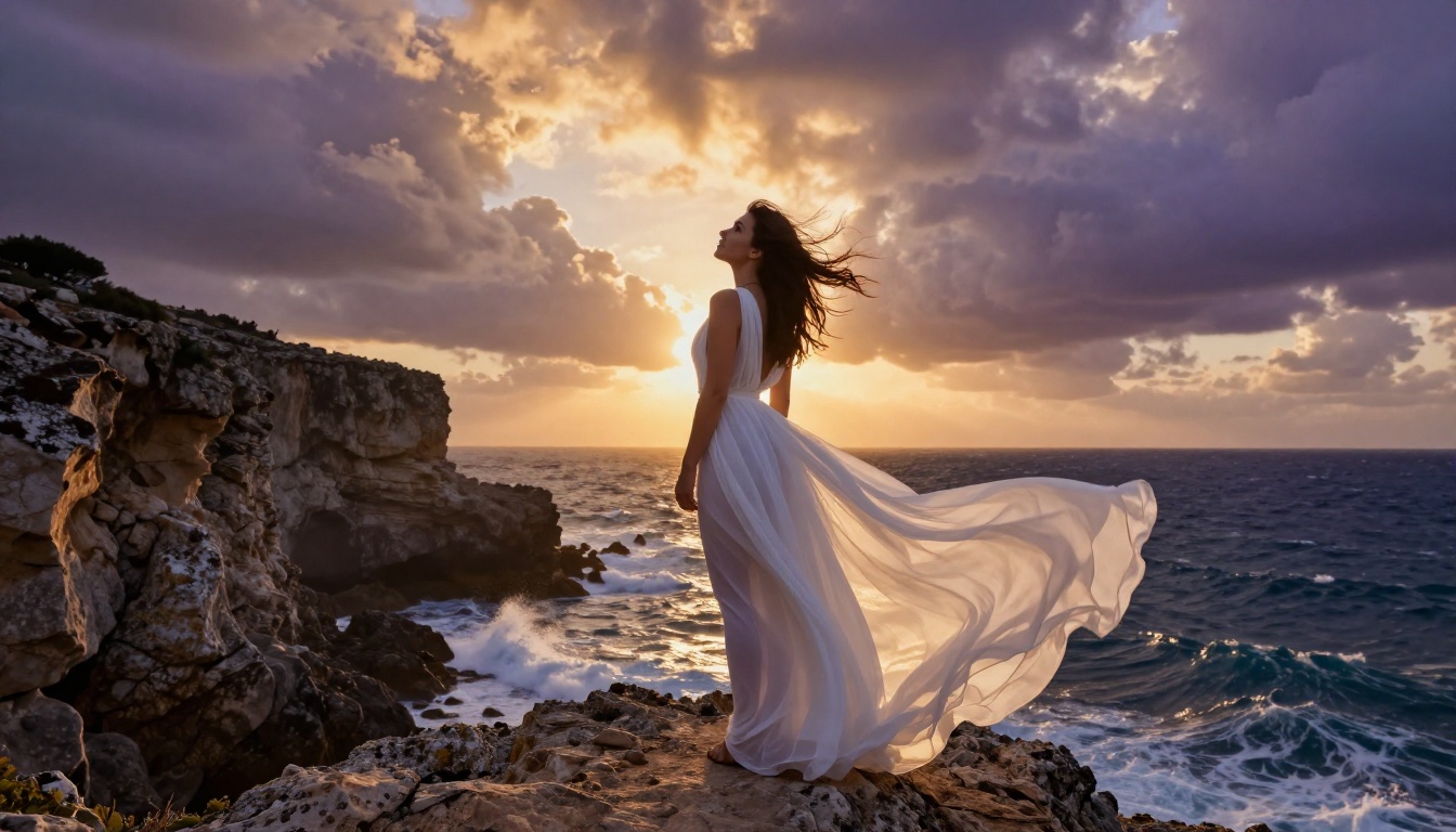 Woman in sheer white dress on coastal cliff, dramatic stormy golden-hour sky, low angle upward perspective