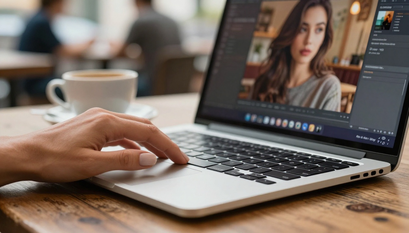 Close-up of a woman's hand on a laptop touchpad at a weathered oak cafe table, AI platform on screen