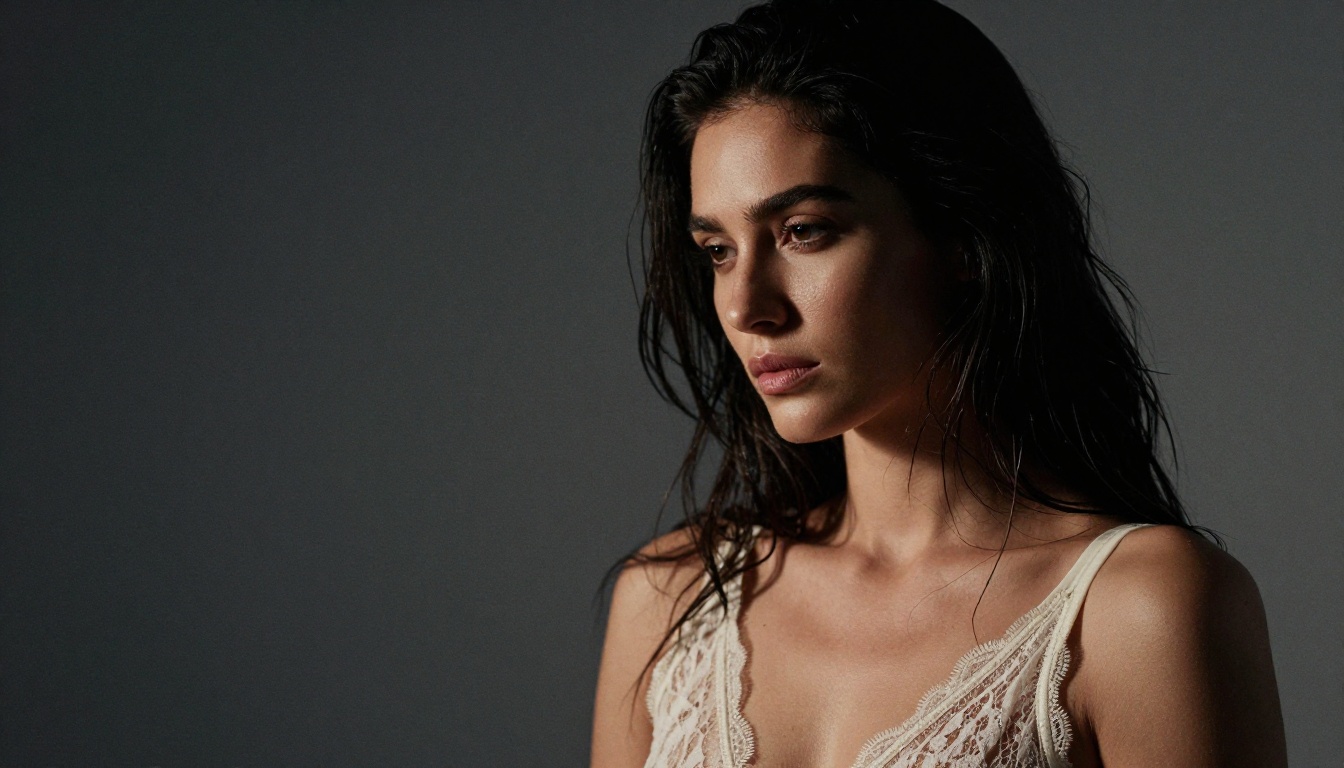 Studio portrait of woman with dark glossy hair in ivory lace bodysuit, dramatic chiaroscuro lighting from the left