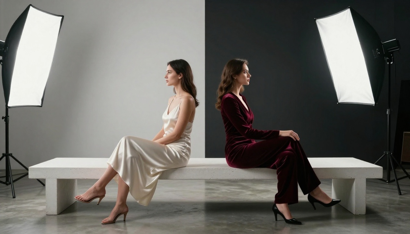 Two women back to back studio comparison split lighting Two women back to back studio comparison split lighting