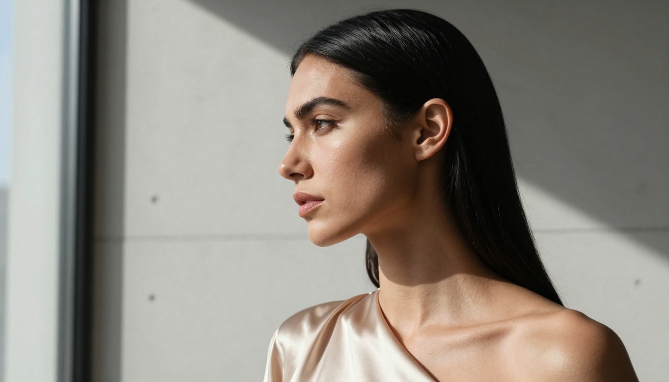 Side profile close-up of woman with jet-black hair in champagne satin top, hard directional light, high-fashion editorial aesthetic