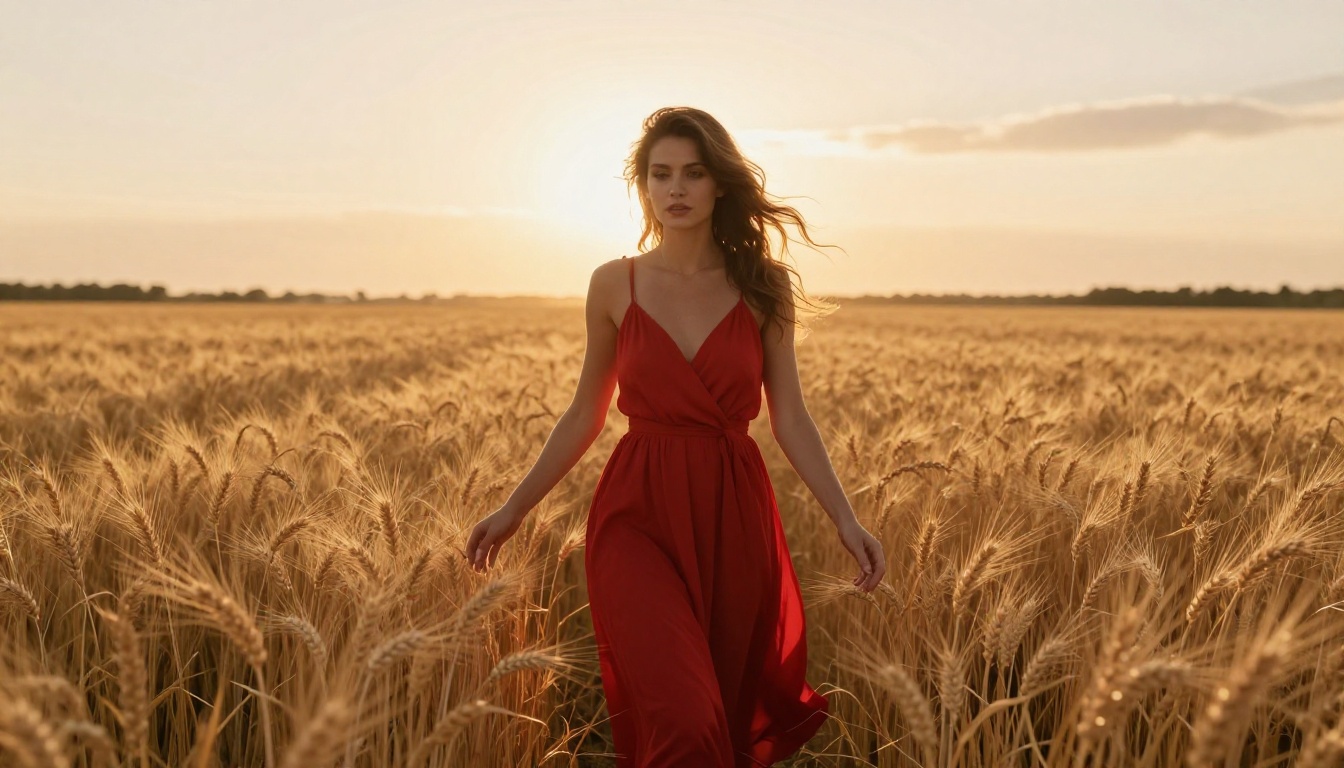 Woman in flowing red sundress in golden wheat field at magic hour, backlit with warm amber light