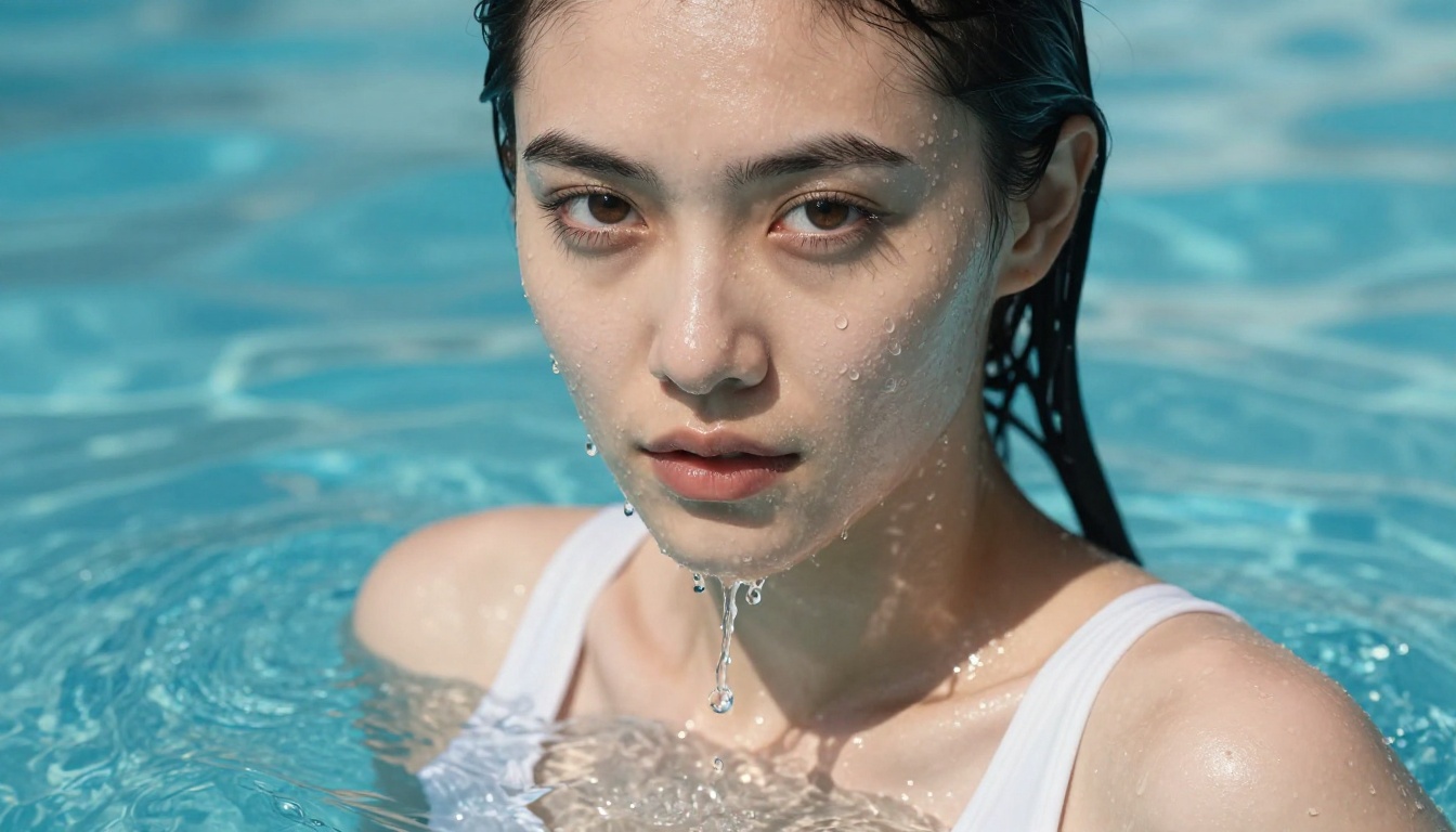 Woman emerging from crystal pool water droplets dramatic catchlights