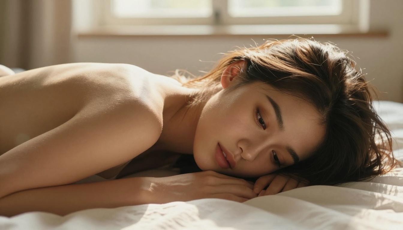 Beautiful woman with cinematic morning light across bare shoulders and linen sheets
