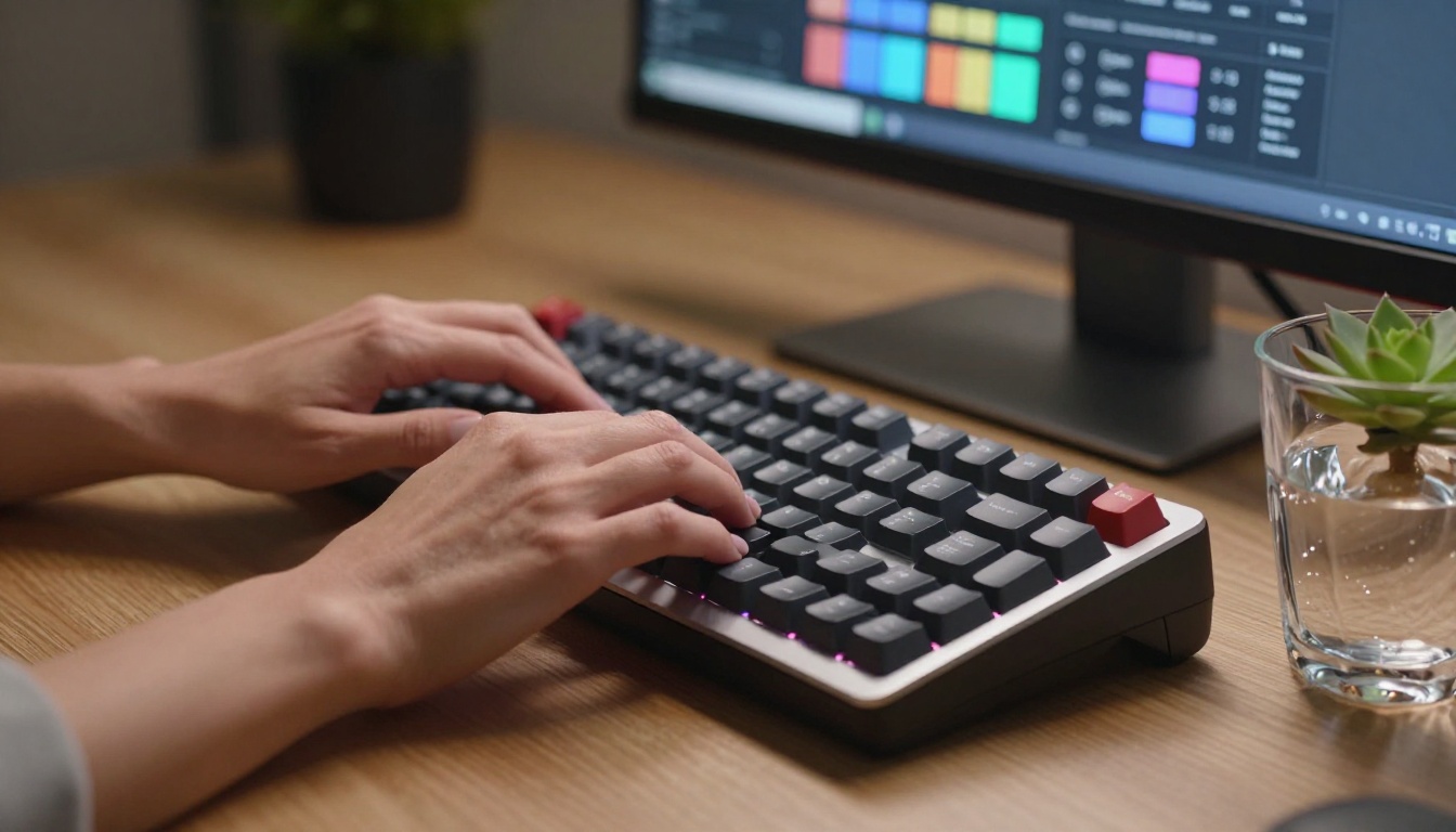 Close-up of hands typing on content creation keyboard setup