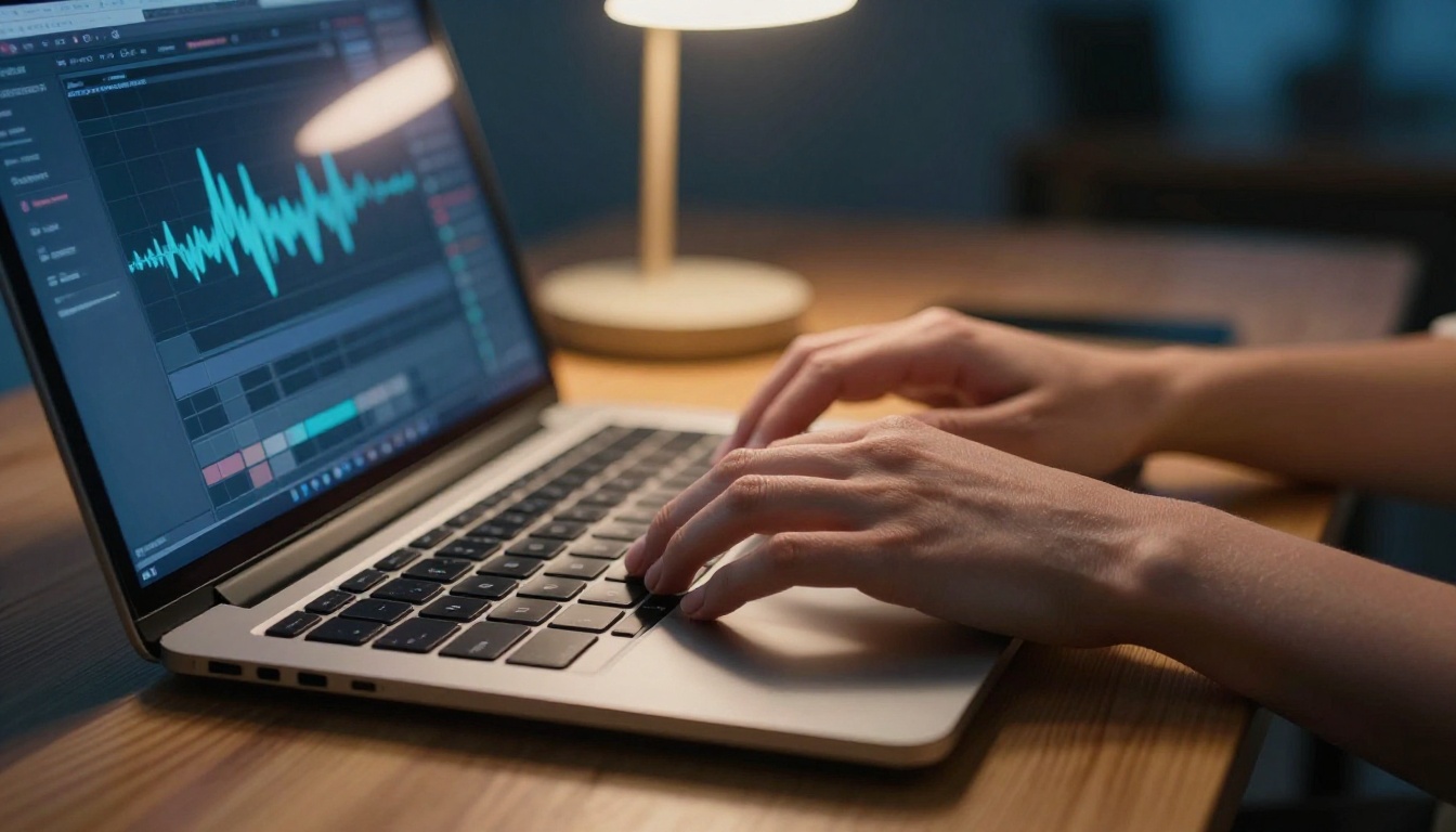 Close-up of feminine hands typing AI video prompt on matte black laptop late at night