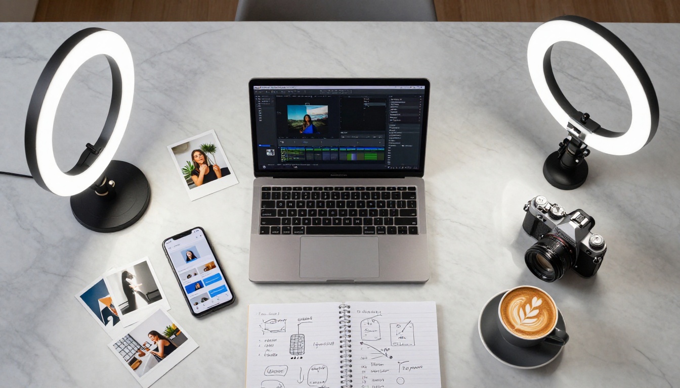Aerial view of organized content creator workspace flatlay