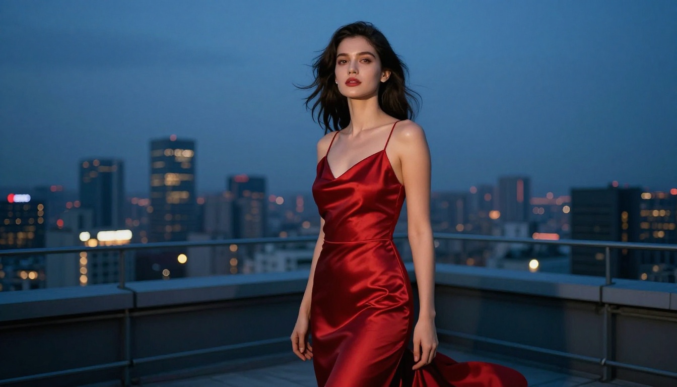 Beautiful woman in red satin dress on city rooftop at blue hour