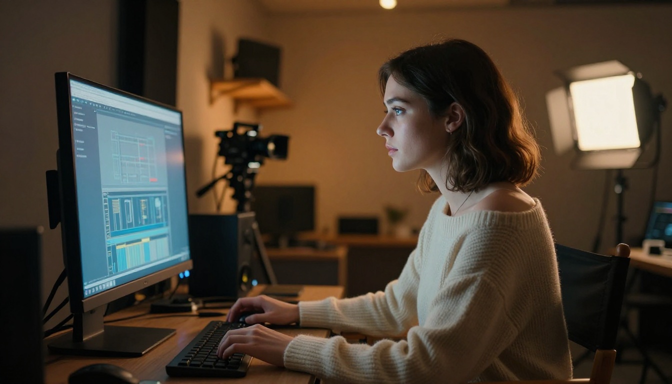 Side profile of woman reviewing content on large monitor in dark studio