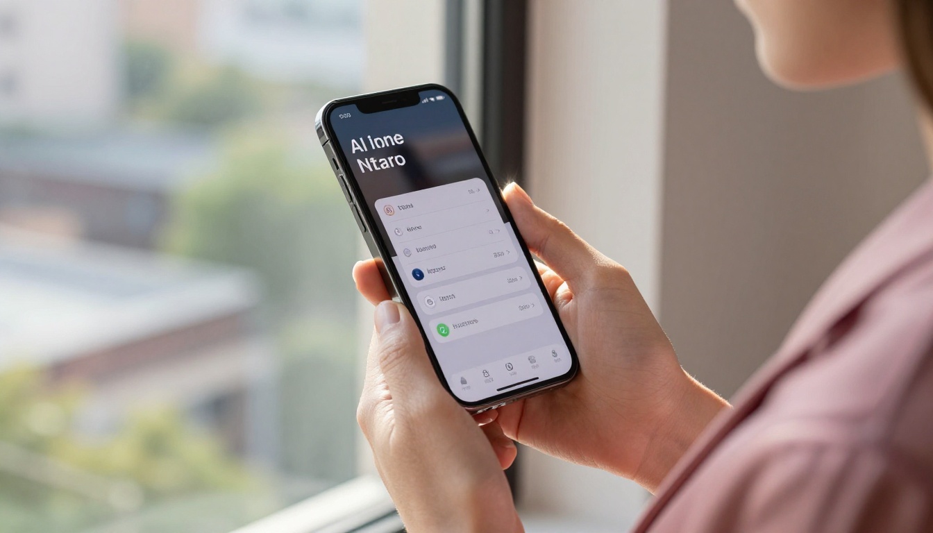 Woman holding smartphone displaying AI content platform interface