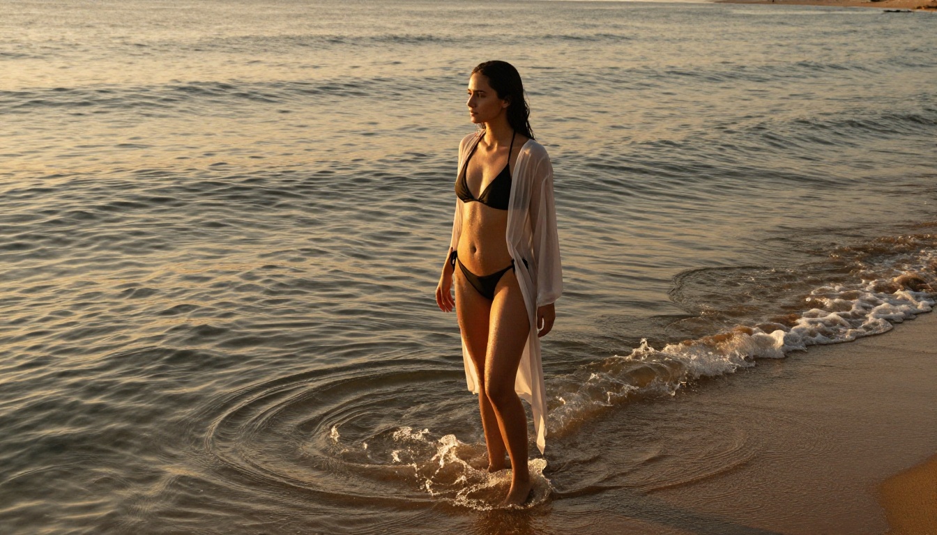 Beautiful woman in bikini at beach sunrise
