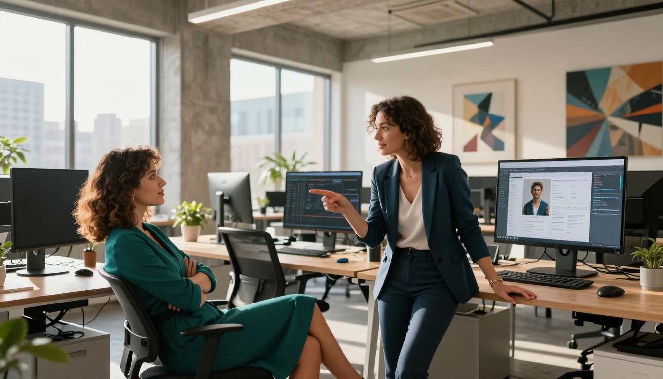 Two women collaborating at a shared workstation in bright modern office