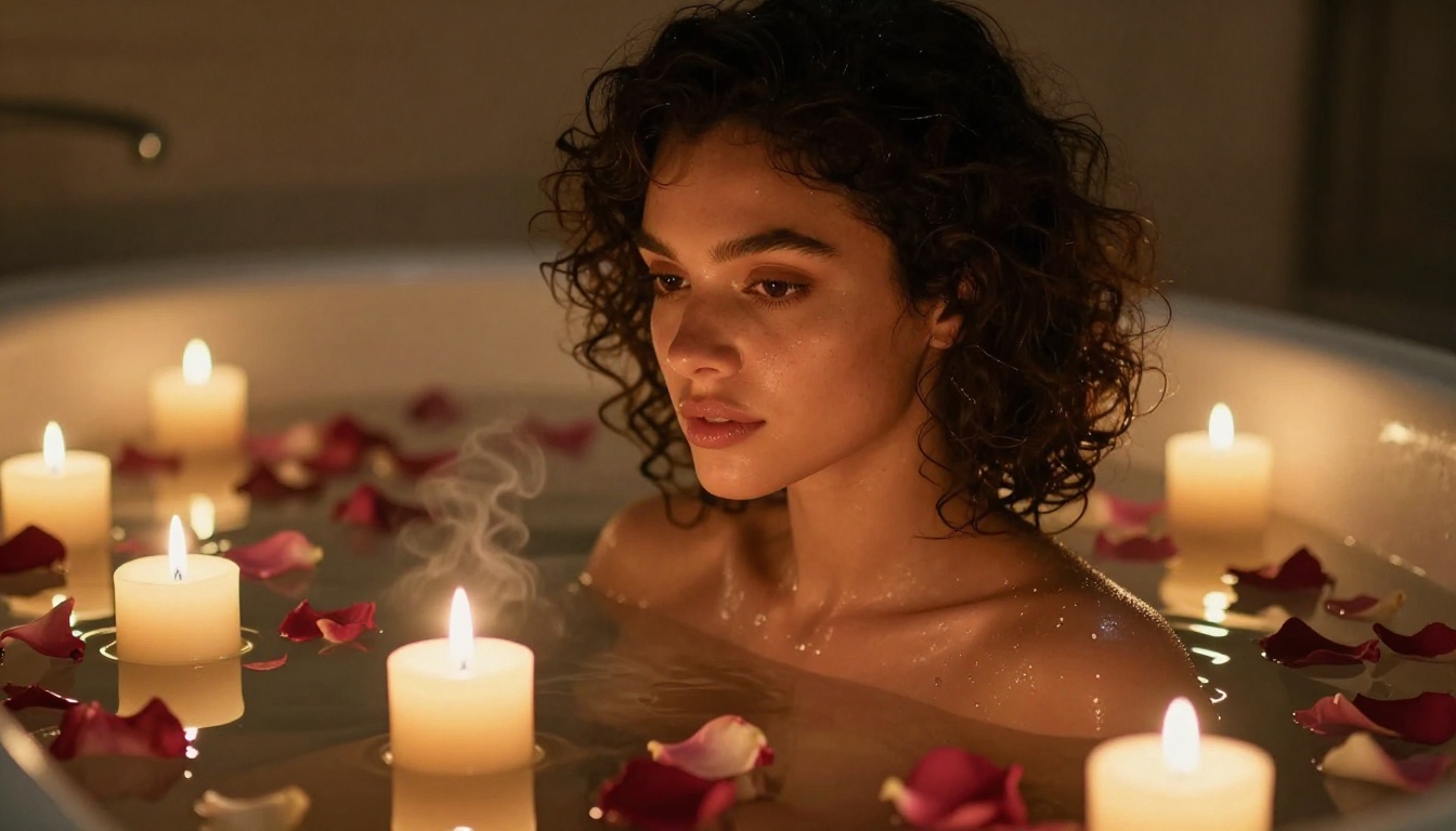 Woman with dark curly hair in candlelit bath surrounded by rose petals
