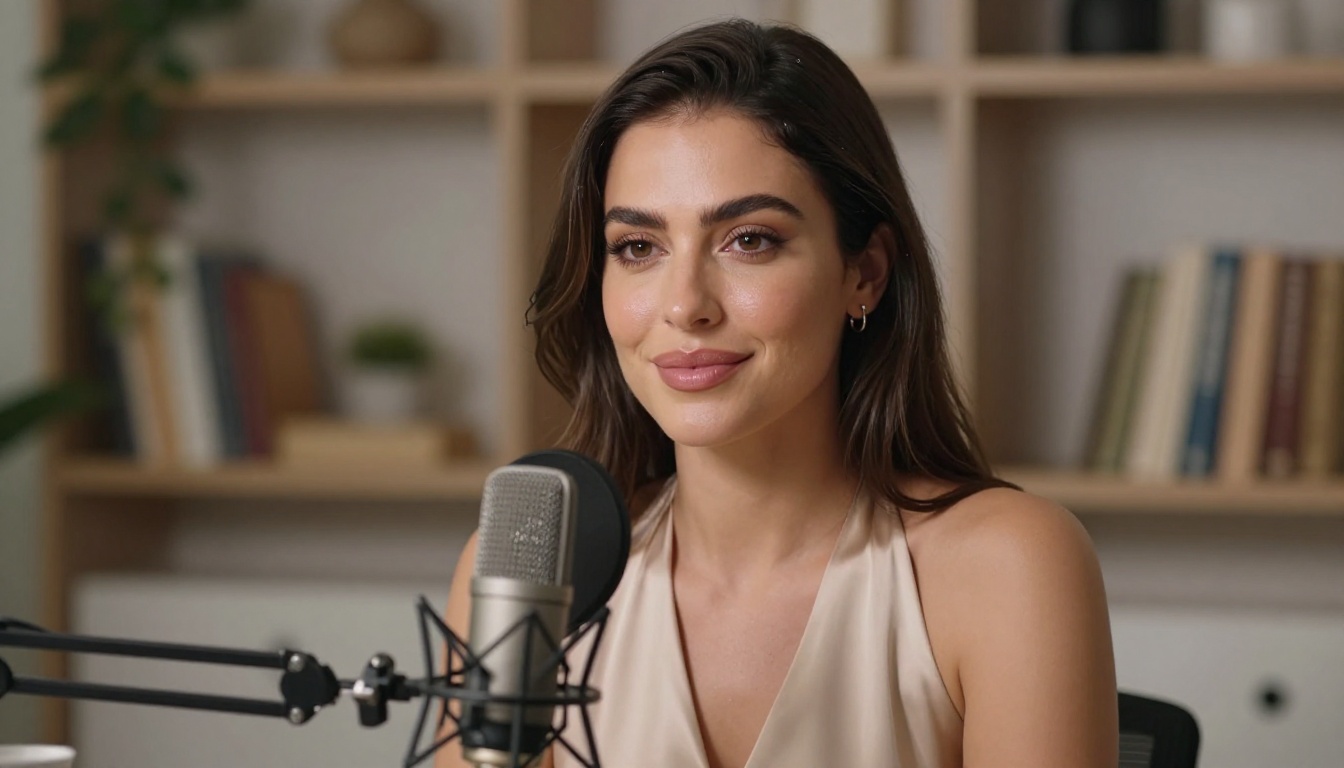 Woman recording podcast at professional condenser microphone setup