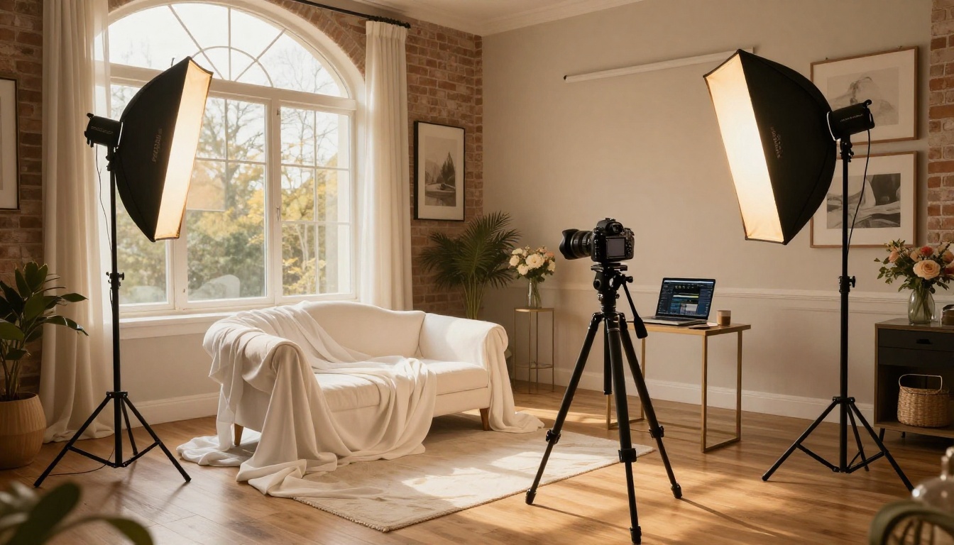 High-end home studio boudoir setup with professional softbox lighting and chaise lounge