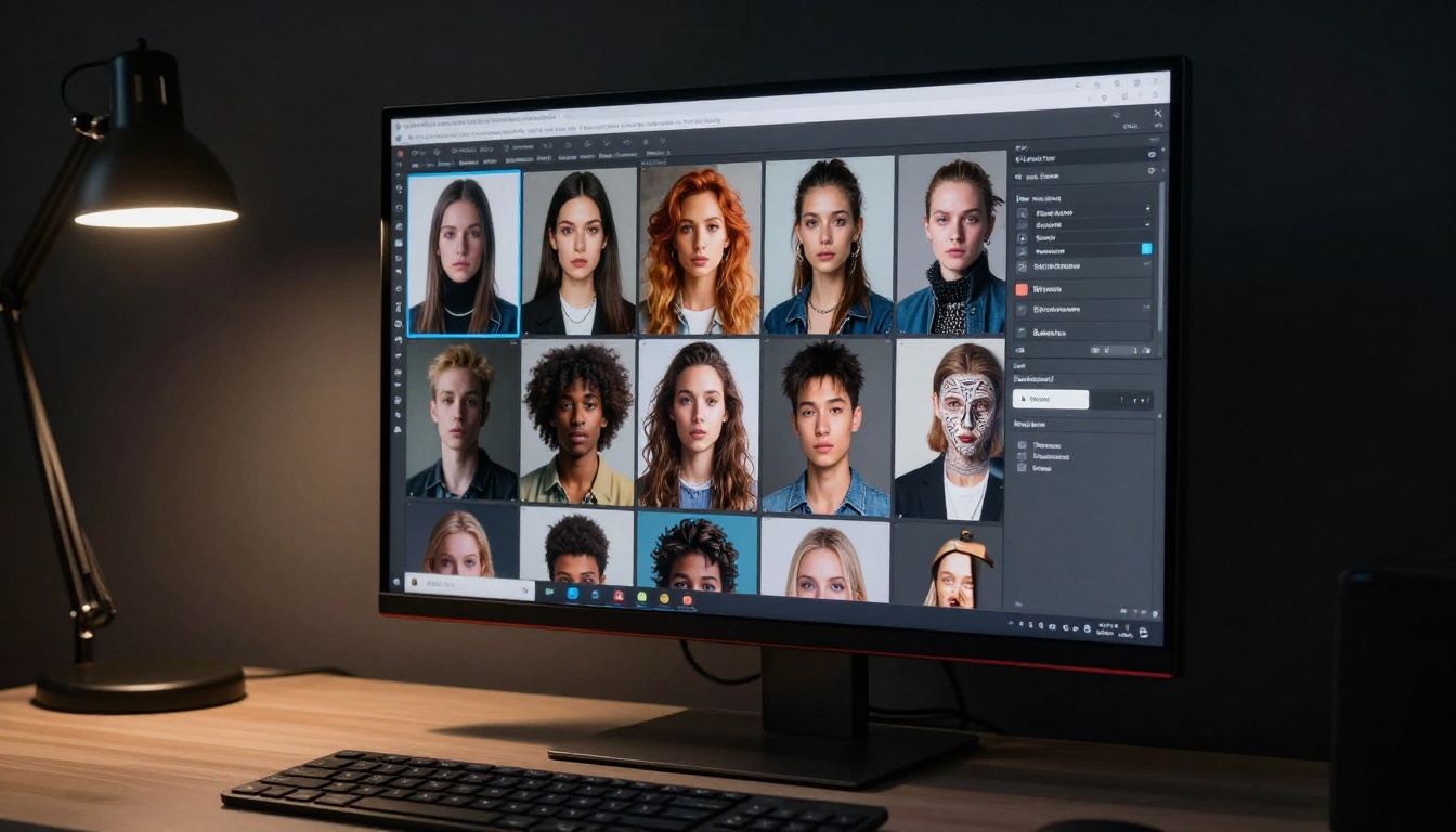 Large monitor displaying AI image generation gallery interface in dark editing suite