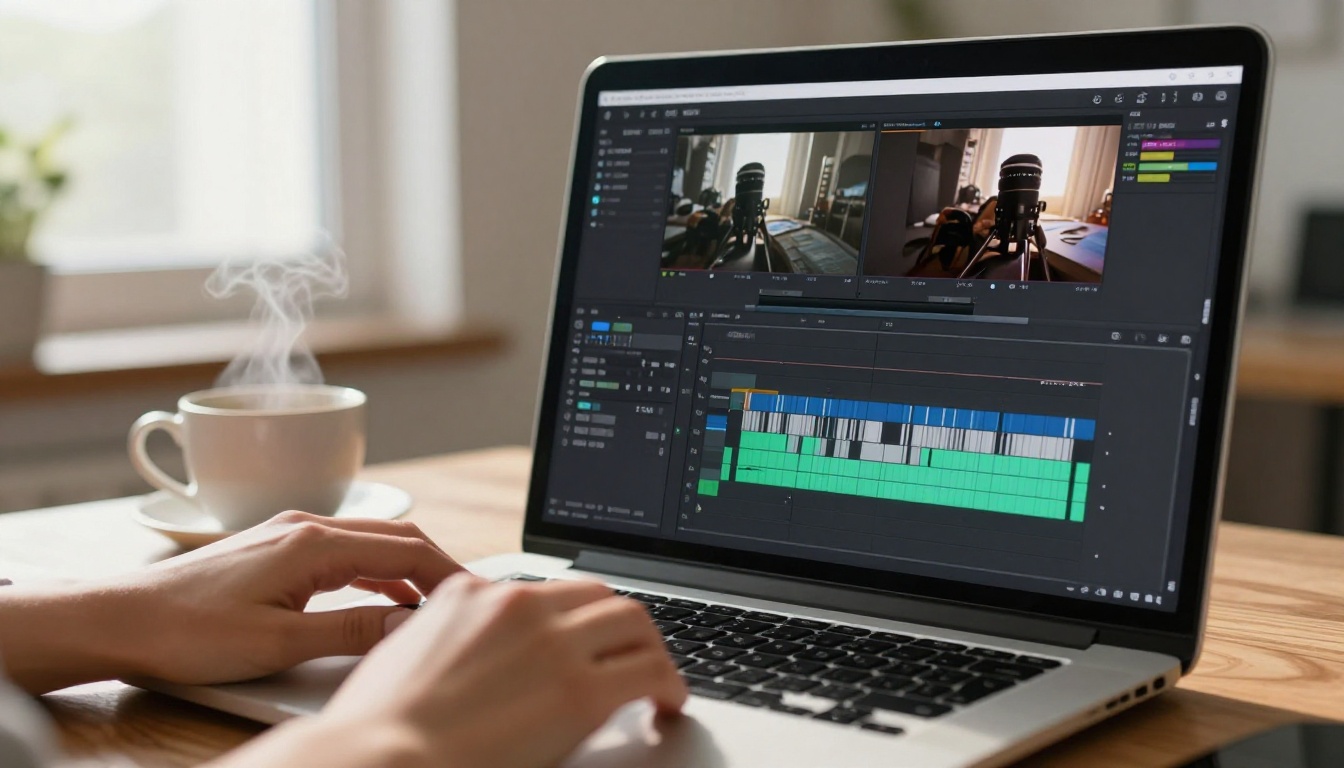 Woman working with AI video on laptop