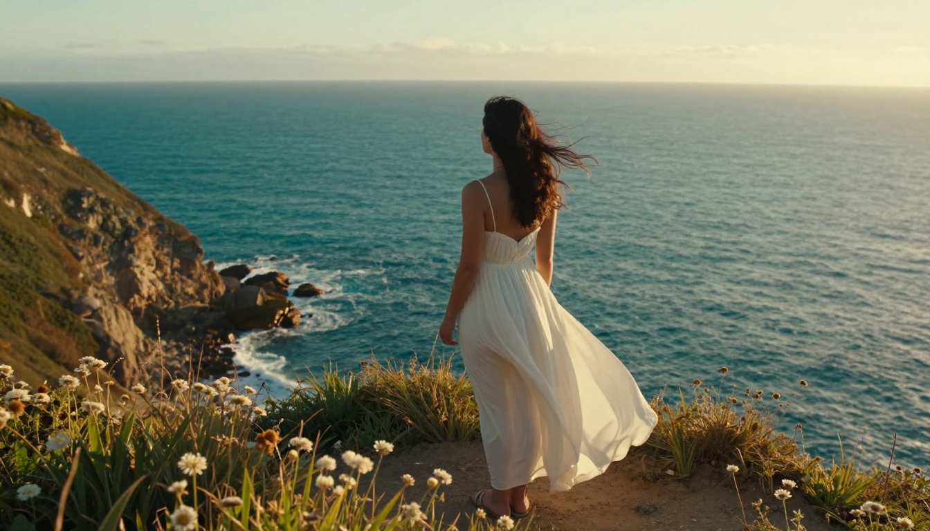 Woman in sundress on coastal cliff at golden hour