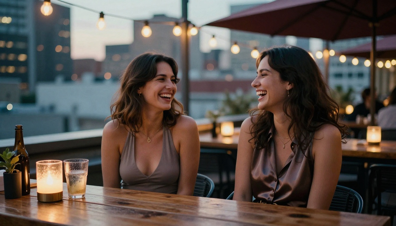 Two women at a rooftop bar at dusk