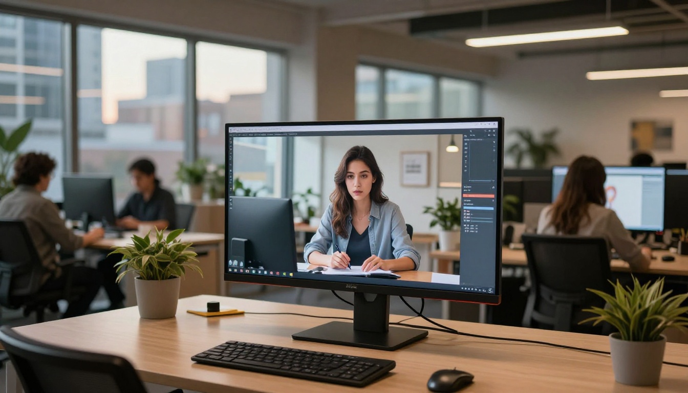 AI video creator using professional monitor to review output