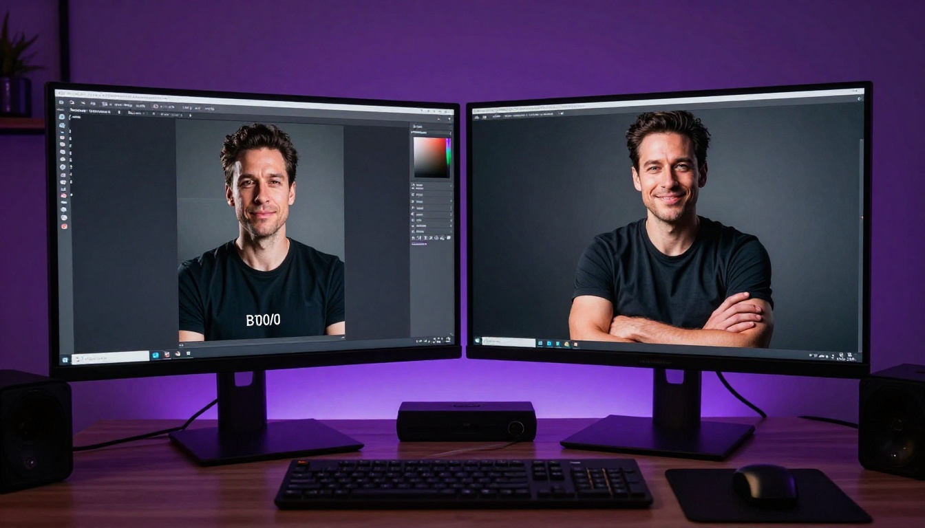 Comparing AI generation quality with dual monitor setup