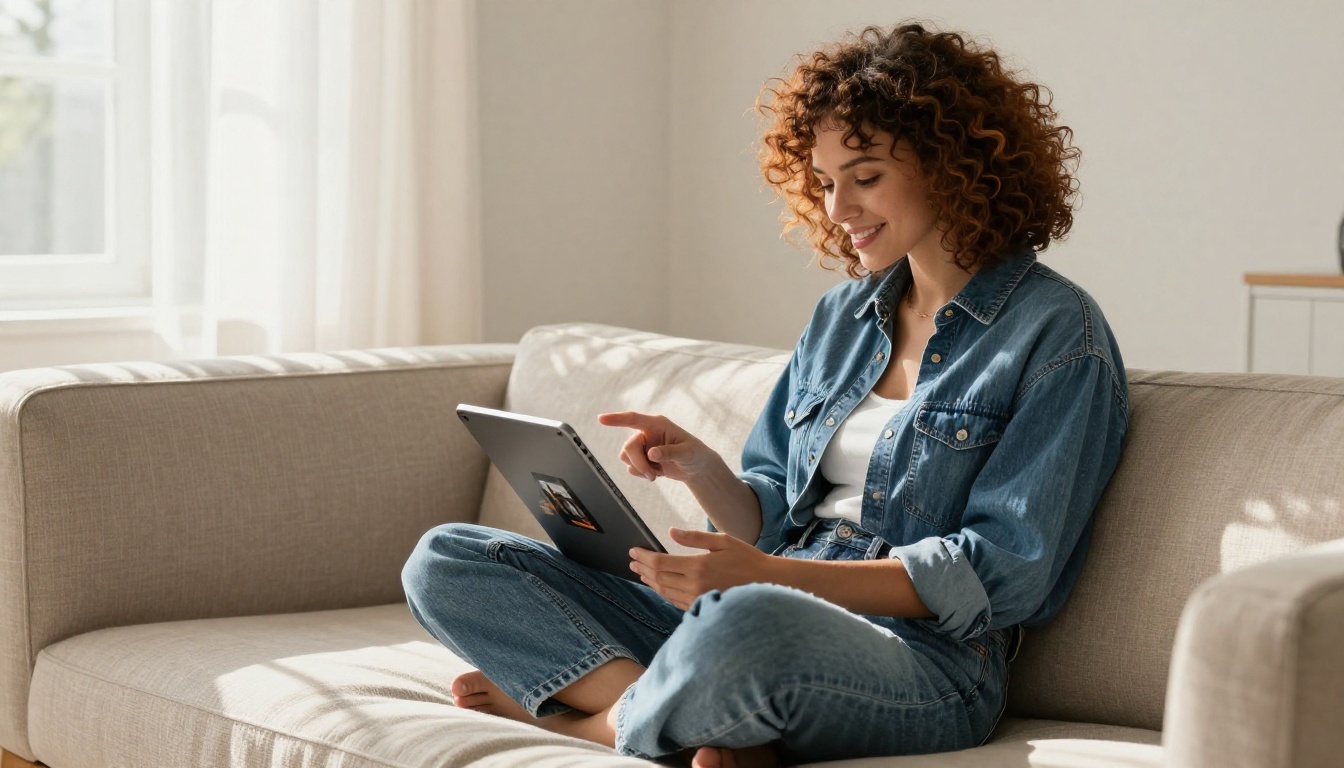 Woman browsing AI image gallery on tablet, natural daylight