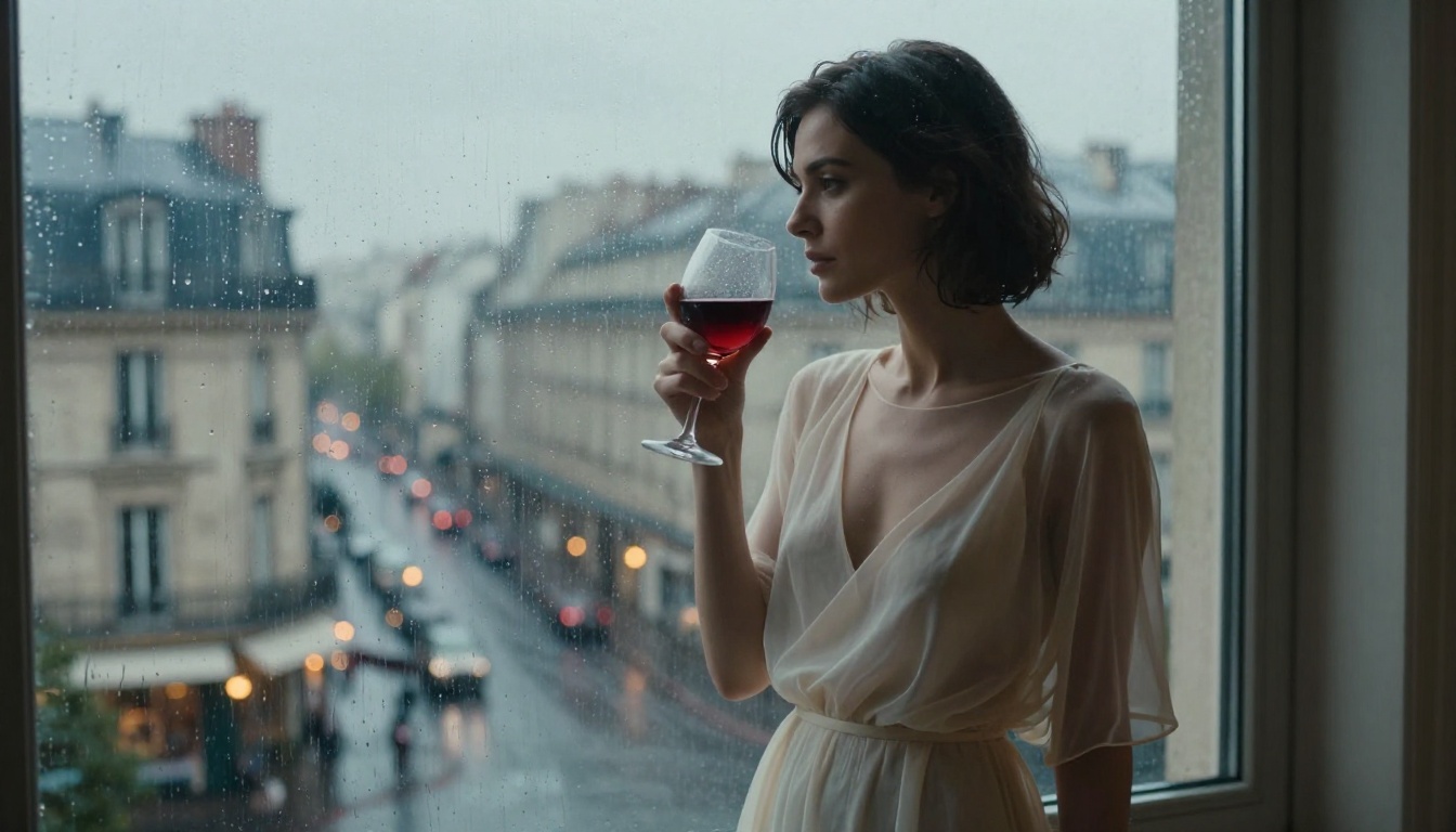 Beautiful woman at a rain-streaked Parisian window in a sheer ivory dress at dusk, city lights behind her
